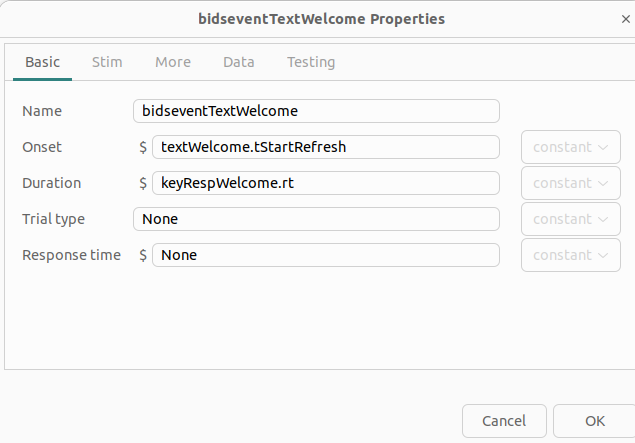Properties for a bids event of a text component 1