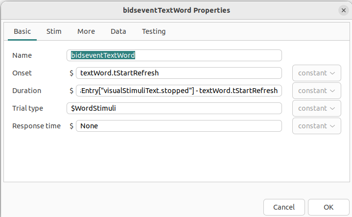 Properties for a bids event of a text component 2