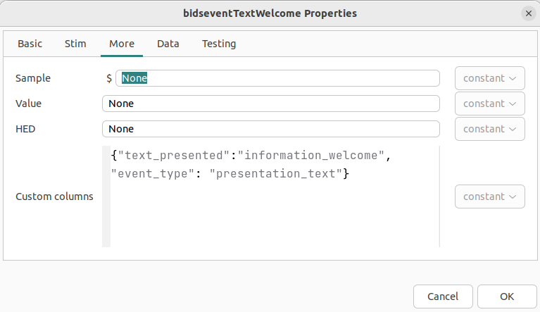 Custom columns in the welcomeScreen text component bidsevent