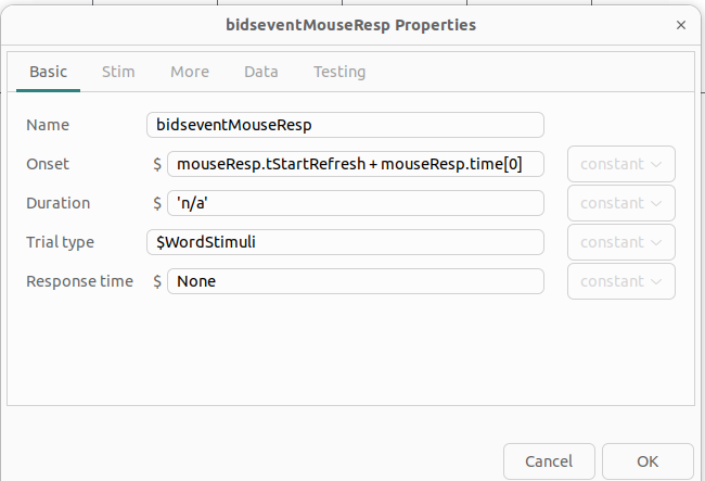 Properties of mouse response bids event